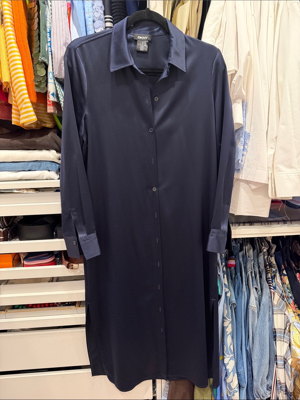 DKNY Women's Navy Satin Longline Shirt Dress - never worn